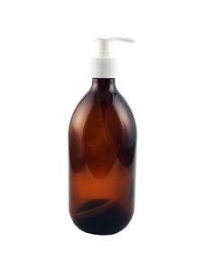 Black plastic pump amber glass bottle