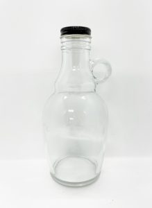 fat round glass bottle with mini handle with black screw cap